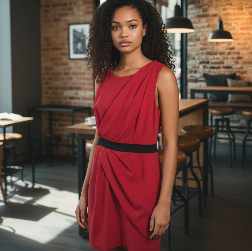 Cynthia Steffe Red Wrap Style Dress Women’s Sleeveless Sheath Black Waist Career